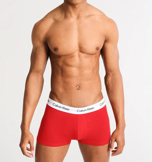 Calvin Klein Cotton Stretch Low Rise Mens Boxer Briefs 3 Pack Trunks - White/Red Ginger/Pyro Blue