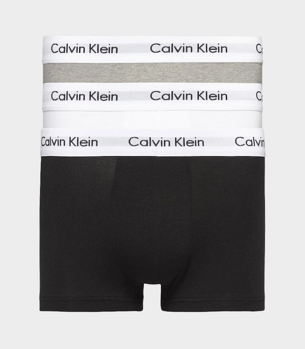 Calvin Klein Mens Cotton Stretch 3-Pack Low Rise Trunks - Black/White/Grey