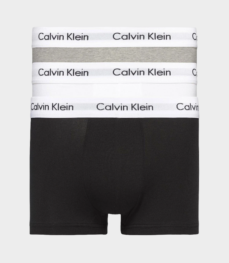 Calvin Klein Mens Cotton Stretch 3-Pack Low Rise Trunks - Black/White/Grey