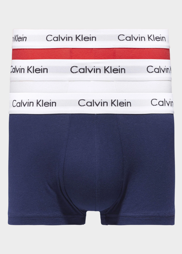 Calvin Klein Cotton Stretch Low Rise Mens Boxer Briefs 3 Pack Trunks - White/Red Ginger/Pyro Blue